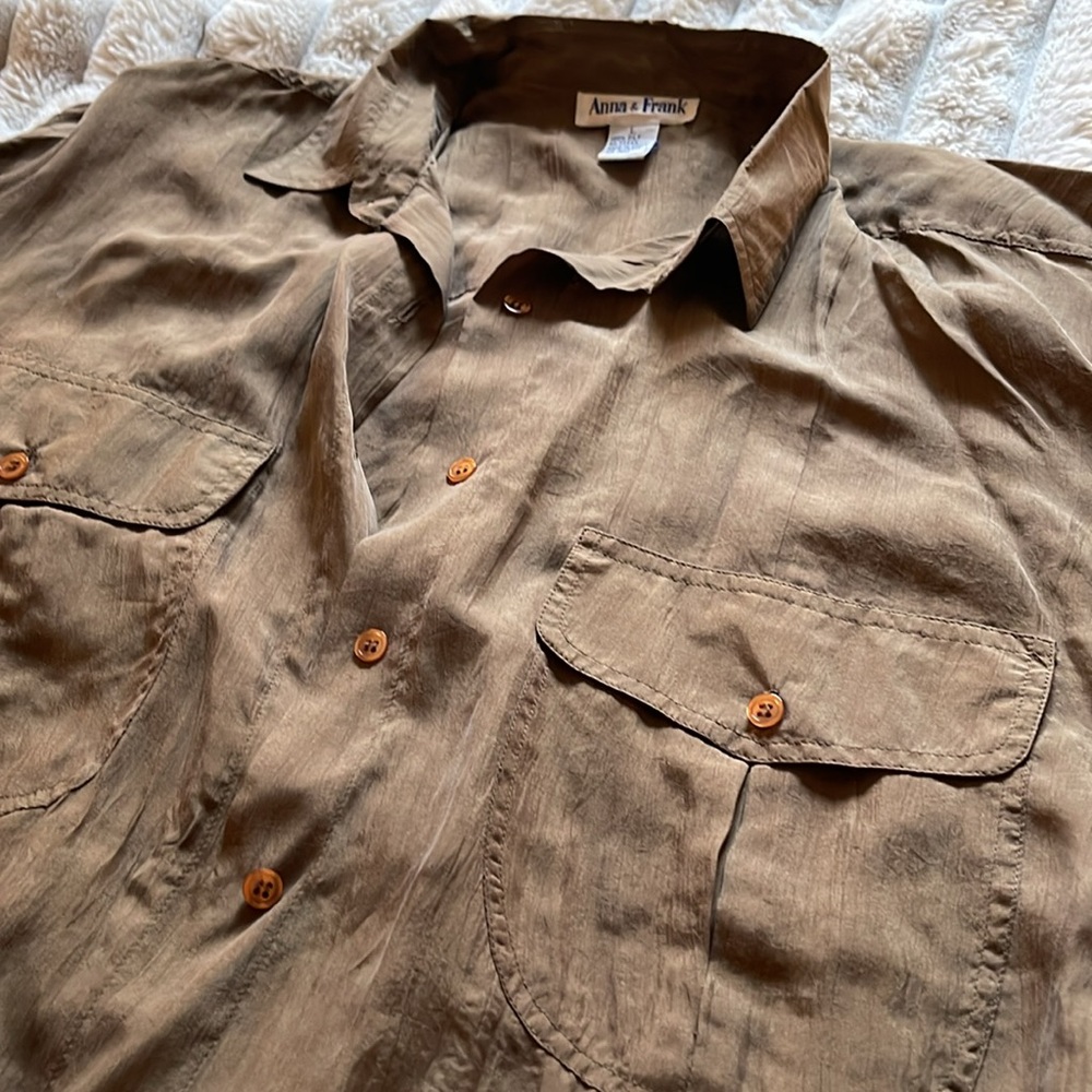 Vintage Anna & Frank 100% Silk Button-Up Shirt – Chestnut Brown (Size Large)